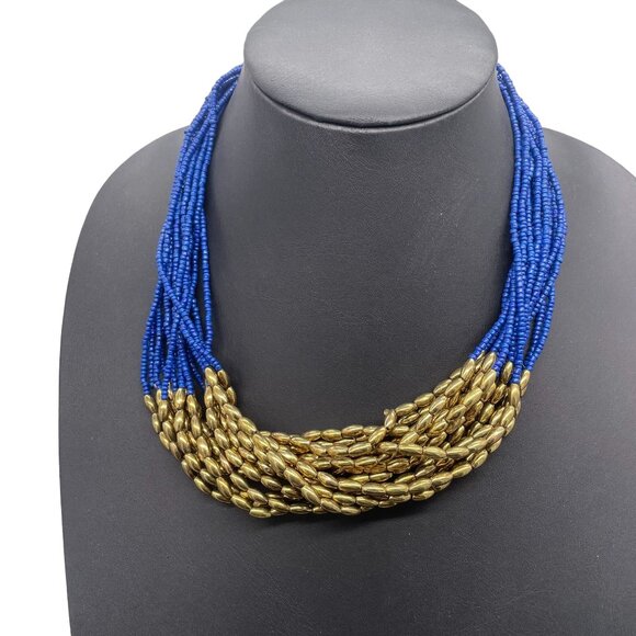 Blue Gold Beaded Layered Multi Strand Necklace Gold Tone Evening Party/Cocktail - Picture 2 of 5